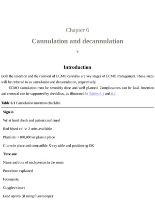 Chapter	6
Cannulation	and	decannulation
◈
Introduction
Both	the	insertion	and	the	removal	of	ECMO	cannulas	are	key	stages	of	ECMO	management.	These	steps
will	be	referred	to	as	cannulation	and	decannulation,	respectively.
ECMO	cannulation	must	be	smoothly	done	and	well	planned.	Complications	can	be	fatal.	Insertion
and	removal	can	be	supported	by	checklists,	as	illustrated	in	Tables	6.1	and	6.2.
Table	6.1	Cannulation	insertion	checklist
Sign	in
Wrist	band	check	and	patient	confirmed
Red	blood	cells:	2	units	available
Platelets:	>100,000	or	plan	in	place
C-arm	in	place	and	compatible	X-ray	table	and	positioning	OK
Time	out
Name	and	role	of	each	person	in	the	room
Procedure	explained
Facemasks
Goggles/visors
Lead	aprons	(if	using	fluoroscopy)
 