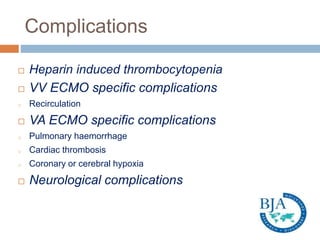 Complications
 Heparin induced thrombocytopenia
 VV ECMO specific complications
o Recirculation
 VA ECMO specific complications
o Pulmonary haemorrhage
o Cardiac thrombosis
o Coronary or cerebral hypoxia
 Neurological complications
 