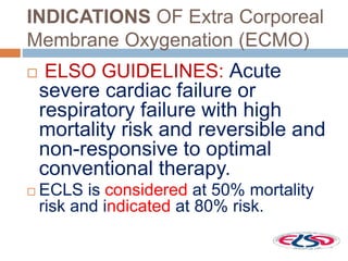 INDICATIONS OF Extra Corporeal
Membrane Oxygenation (ECMO)
 ELSO GUIDELINES: Acute
severe cardiac failure or
respiratory failure with high
mortality risk and reversible and
non-responsive to optimal
conventional therapy.
 ECLS is considered at 50% mortality
risk and indicated at 80% risk.
 