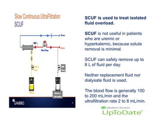 SCUF is used to treat isolated
fluid overload.
SCUF is not useful in patients
who are uremic or
hyperkalemic, because solute
removal is minimal.
SCUF can safely remove up to
8 L of fluid per day.
Neither replacement fluid nor
dialysate fluid is used.
The blood flow is generally 100
to 200 mL/min and the
ultrafiltration rate 2 to 8 mL/min.
 