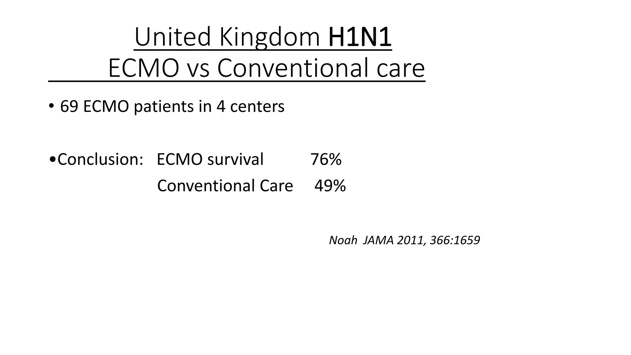 United Kingdom H1N1
ECMO vs Conventional care
• 69 ECMO patients in 4 centers
•Conclusion: ECMO survival 76%
Conventional Care 49%
Noah JAMA 2011, 366:1659
 