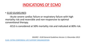INDICATIONS OF ECMO
• ELSO GUIDELINES:
-Acute severe cardiac failure or respiratory failure with high
mortality risk and reversible and non-responsive to optimal
conventional therapy.
-ECLS is considered at 50% mortality risk and indicated at 80% risk.
SOURCE : ELSO General Guidelines Version 1.3 December 2013
ELSO- EXTRA CORPOREAL LIFE SUPPORT ORGANIZATION
 