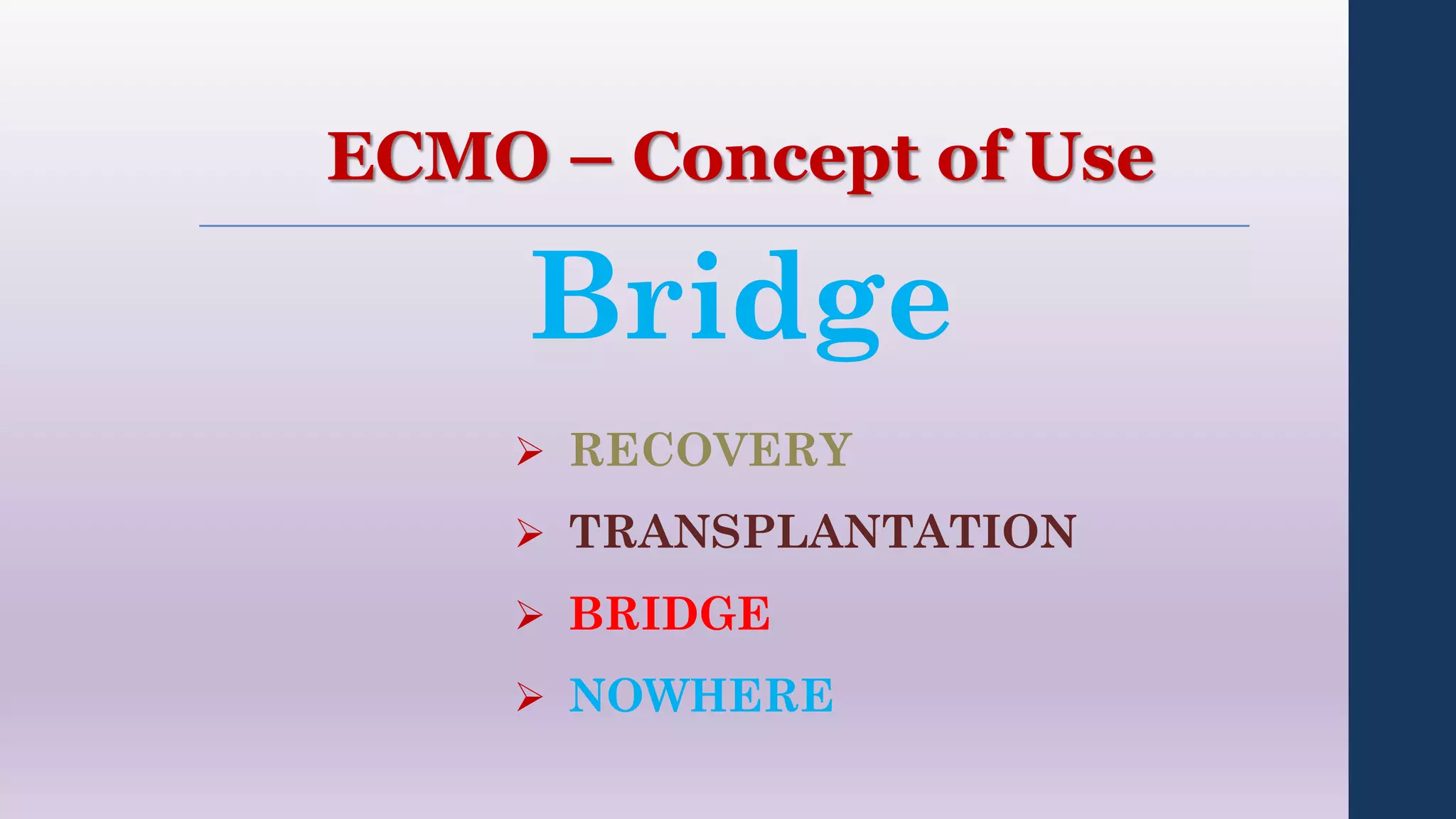 ECMO – Concept of Use
 RECOVERY
 TRANSPLANTATION
 BRIDGE
 NOWHERE
Bridge
 