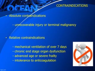 CONTRAINDICATIONS
• Absolute contraindications
- unrecoverable injury or terminal malignancy
• Relative contraindications
- mechanical ventilation of over 7 days
- chronic end stage organ dysfunction
- advanced age or severe frailty
- intolerance to anticoagulation
 