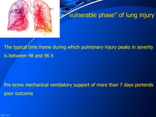 “vulnerable phase” of lung injury
The typical time frame during which pulmonary injury peaks in severity
is between 48 and 96 h
Pre ecmo mechanical ventilatory support of more than 7 days portends
poor outcome
 