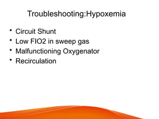 Troubleshooting:Hypoxemia
• Circuit Shunt
• Low FIO2 in sweep gas
• Malfunctioning Oxygenator
• Recirculation
 