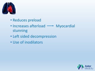 • Reduces preload
• Increases afterload Myocardial
stunning
• Left sided decompression
• Use of inodilators
 