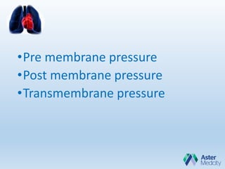•Pre membrane pressure
•Post membrane pressure
•Transmembrane pressure
 