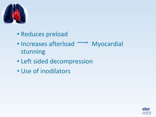 • Reduces preload
• Increases afterload Myocardial
stunning
• Left sided decompression
• Use of inodilators
 