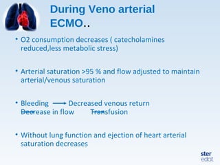 During Veno arterial
ECMO..
• O2 consumption decreases ( catecholamines
reduced,less metabolic stress)
• Arterial saturation >95 % and flow adjusted to maintain
arterial/venous saturation
• Bleeding Decreased venous return
Decrease in flow Transfusion
• Without lung function and ejection of heart arterial
saturation decreases
 