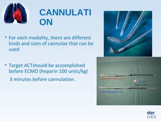 CANNULATI
ON
• For each modality, there are different
kinds and sizes of cannulae that can be
used
• Target ACTshould be accomplished
before ECMO (heparin 100 units/kg)
3 minutes before cannulation.
 