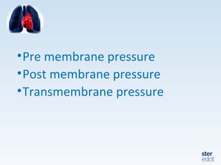 •Pre membrane pressure
•Post membrane pressure
•Transmembrane pressure
 