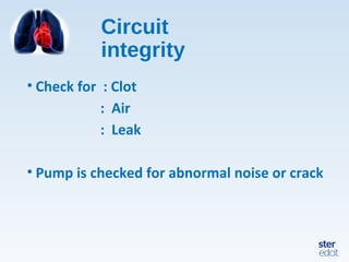 Circuit
integrity
• Check for : Clot
: Air
: Leak
• Pump is checked for abnormal noise or crack
 