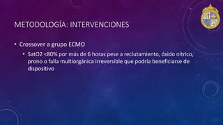 METODOLOGÍA: INTERVENCIONES
• Crossover a grupo ECMO
• SatO2 <80% por más de 6 horas pese a reclutamiento, óxido nítrico,
prono o falla multiorgánica irreversible que podría beneficiarse de
dispositivo
 