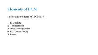Elements of ECM
Important elements of ECM are:
1. Electrolyte
2. Tool (cathode)
3. Work-piece (anode)
4. D.C power supply
5. Pump
 