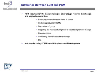 Assisting Companies Leverage
Investments in SAP Solutions
Difference Between ECM and PCM
 PCM occurs when the Manufacturing or other groups receives the change
and begins implementing
 Extending material master views to plants
 Updating production BOMs
 Disposition of goods
 Preparing the manufacturing floor to be able implement change
 Ordering goods
 Contacting partners about the change
 Etc.
 You may be doing PCM for multiple plants or different groups
© 2010 LeverX Page 14
 