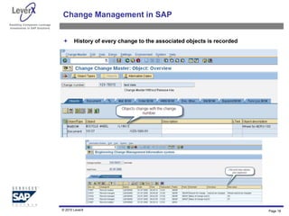 Assisting Companies Leverage
Investments in SAP Solutions
Change Management in SAP
 History of every change to the associated objects is recorded
© 2010 LeverX Page 18
 