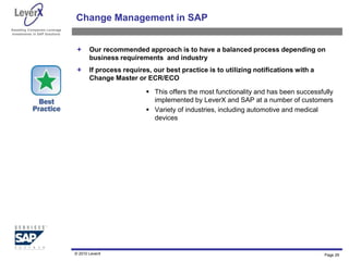 Assisting Companies Leverage
Investments in SAP Solutions
Change Management in SAP
 Our recommended approach is to have a balanced process depending on
business requirements and industry
 If process requires, our best practice is to utilizing notifications with a
Change Master or ECR/ECO
 This offers the most functionality and has been successfully
implemented by LeverX and SAP at a number of customers
 Variety of industries, including automotive and medical
devices
© 2010 LeverX Page 29
 