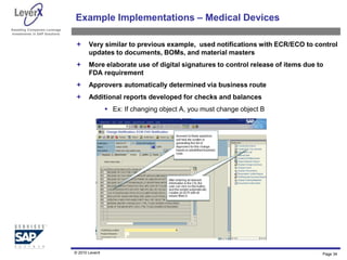 Assisting Companies Leverage
Investments in SAP Solutions
Example Implementations – Medical Devices
 Very similar to previous example, used notifications with ECR/ECO to control
updates to documents, BOMs, and material masters
 More elaborate use of digital signatures to control release of items due to
FDA requirement
 Approvers automatically determined via business route
 Additional reports developed for checks and balances
 Ex: If changing object A, you must change object B
© 2010 LeverX Page 34
 