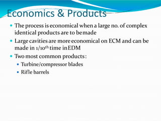 Economics & Products
 The process is economical when a large no. of complex
identical products are to bemade
 Large cavities are moreeconomical on ECM and can be
made in 1/10th time inEDM
 Two most common products:
 Turbine/compressor blades
 Rifle barrels
 