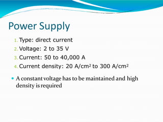 Power Supply
 A constantvoltage has to be maintained and high
density isrequired
1. Type: direct current
2. Voltage: 2 to 35 V
3. Current: 50 to 40,000 A
4. Current density: 20 A/cm2 to 300 A/cm2
 