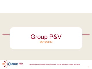 1
The Group P&V is comprised of the brands P&V, VIVIUM, Actel, PNP, Euresa-Life et Arces
Group P&V
04/10/2013
 