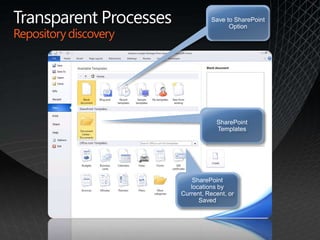 Transparent ProcessesRepository discoverySharePoint TemplatesSave to SharePoint OptionSharePoint locations by Current, Recent, or Saved