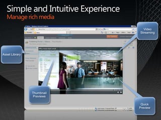 Simple and Intuitive ExperienceManage rich mediaAsset LibraryThumbnail PreviewsQuick PreviewVideo Streaming