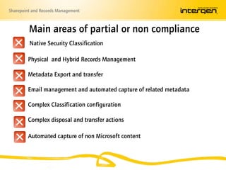 Main areas of partial or non compliance Native Security Classification       Physical  and Hybrid Records Management       Metadata Export and transfer       Email management and automated capture of related metadata       Complex Classification configurationComplex disposal and transfer actions       Automated capture of non Microsoft content