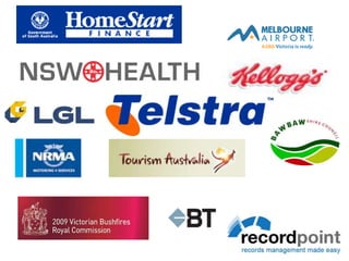 ConclusionsSignificant progress has been made since the introduction of MOSS 2007 and 2010 is now a viable EDRMS alternative Third party applications built in Sharepoint still required for specific functionality especially email and fully compliant Records ManagementEase of use and collaboration features means this tool is likely to become an accepted solution in most business situations Good governance, Structure, Business rules, Training and Change Management still vitalPossibility to reduce cost, decrease technology breadth and mitigate risk of an EDRMS project by leveraging existing platform