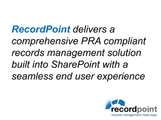 Choices Where applicableOptionOut of the box – no customisationOut of the box  - with customisation and developmentOut of the box – With additional Third party applications for RM and email management	Solution for small and simple business environments with little or no compliance requirementsMedium and Large corporate environments with big $$ budget, significant In-house SharePoint expertise and extended deployment time framesAll organisations with compliance requirements or increased document and records management needs