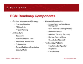 ECM Roadmap Components
• Content Management Strategy           • Content Organization
    – Business Planning                     – Library Services/Digital Asset
                                              Management
    – ROI Analysis
                                            – User Interface: Desktop/Webtop
    – Project Planning
                                            – Rendition Control
• Architecture
                                            – Auditing, Tracking, Reporting
    – Taxonomy
                                            – Review, Approval Cycle
    – Workflow/Process Flow
                                            – Security/Confidentiality
    – Information Architecture
                                        • Technology Platform
    – Collaboration
                                            – Installation/Configuration
    – Content Publishing/Distribution
                                            – Integration
    – Security Model
                                            – Customization
 
