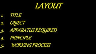 LAYOUT
1. TITLE
2. OBJECT
3. APPARATUSREQUIRED
4. PRINCIPLE
5. WORKINGPROCESS
 