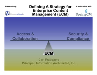 Defining A Strategy for
          Enterprise Content
          Management (ECM)




  Access &                            Security &
Collaboration                        Compliance


                    ECM
                 Carl Frappaolo
    Principal, Information Architected, Inc.
 