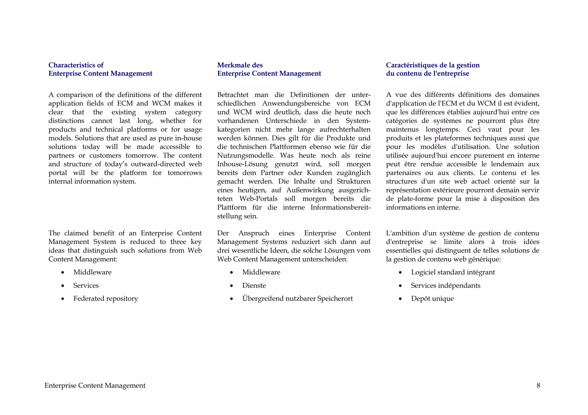 Characteristics of                                 Merkmale des                                      Caractéristiques de la gestion
 Enterprise Content Management                      Enterprise Content Management                     du contenu de l'entreprise


 A comparison of the definitions of the different   Betrachtet man die Definitionen der unter-        A vue des différents définitions des domaines
 application fields of ECM and WCM makes it         schiedlichen Anwendungsbereiche von ECM           d'application de l'ECM et du WCM il est évident,
 clear that the existing system category            und WCM wird deutlich, dass die heute noch        que les différences établies aujourd'hui entre ces
 distinctions cannot last long, whether for         vorhandenen Unterschiede in den System-           catégories de systèmes ne pourront plus être
 products and technical platforms or for usage      kategorien nicht mehr lange aufrechterhalten      maintenus longtemps. Ceci vaut pour les
 models. Solutions that are used as pure in-house   werden können. Dies gilt für die Produkte und     produits et les plateformes techniques aussi que
 solutions today will be made accessible to         die technischen Plattformen ebenso wie für die    pour les modèles d'utilisation. Une solution
 partners or customers tomorrow. The content        Nutzungsmodelle. Was heute noch als reine         utilisée aujourd'hui encore purement en interne
 and structure of today’s outward-directed web      Inhouse-Lösung genutzt wird, soll morgen          peut être rendue accessible le lendemain aux
 portal will be the platform for tomorrows          bereits dem Partner oder Kunden zugänglich        partenaires ou aux clients. Le contenu et les
 internal information system.                       gemacht werden. Die Inhalte und Strukturen        structures d'un site web actuel orienté sur la
                                                    eines heutigen, auf Außenwirkung ausgerich-       représentation extérieure pourront demain servir
                                                    teten Web-Portals soll morgen bereits die         de plate-forme pour la mise à disposition des
                                                    Plattform für die interne Informationsbereit-     informations en interne.
                                                    stellung sein.

 The claimed benefit of an Enterprise Content       Der Anspruch eines Enterprise Content             L'ambition d'un système de gestion de contenu
 Management System is reduced to three key          Management Systems reduziert sich dann auf        d'entreprise se limite alors à trois idées
 ideas that distinguish such solutions from Web     drei wesentliche Ideen, die solche Lösungen vom   essentielles qui distinguent de telles solutions de
 Content Management:                                Web Content Management unterscheiden:             la gestion de contenu web générique:
    •   Middleware                                     •   Middleware                                     •   Logiciel standard intégrant
    •   Services                                       •   Dienste                                        •   Services indépendants
    •   Federated repository                           •   Übergreifend nutzbarer Speicherort             •   Depôt unique




Enterprise Content Management                                                                                                                           8
 