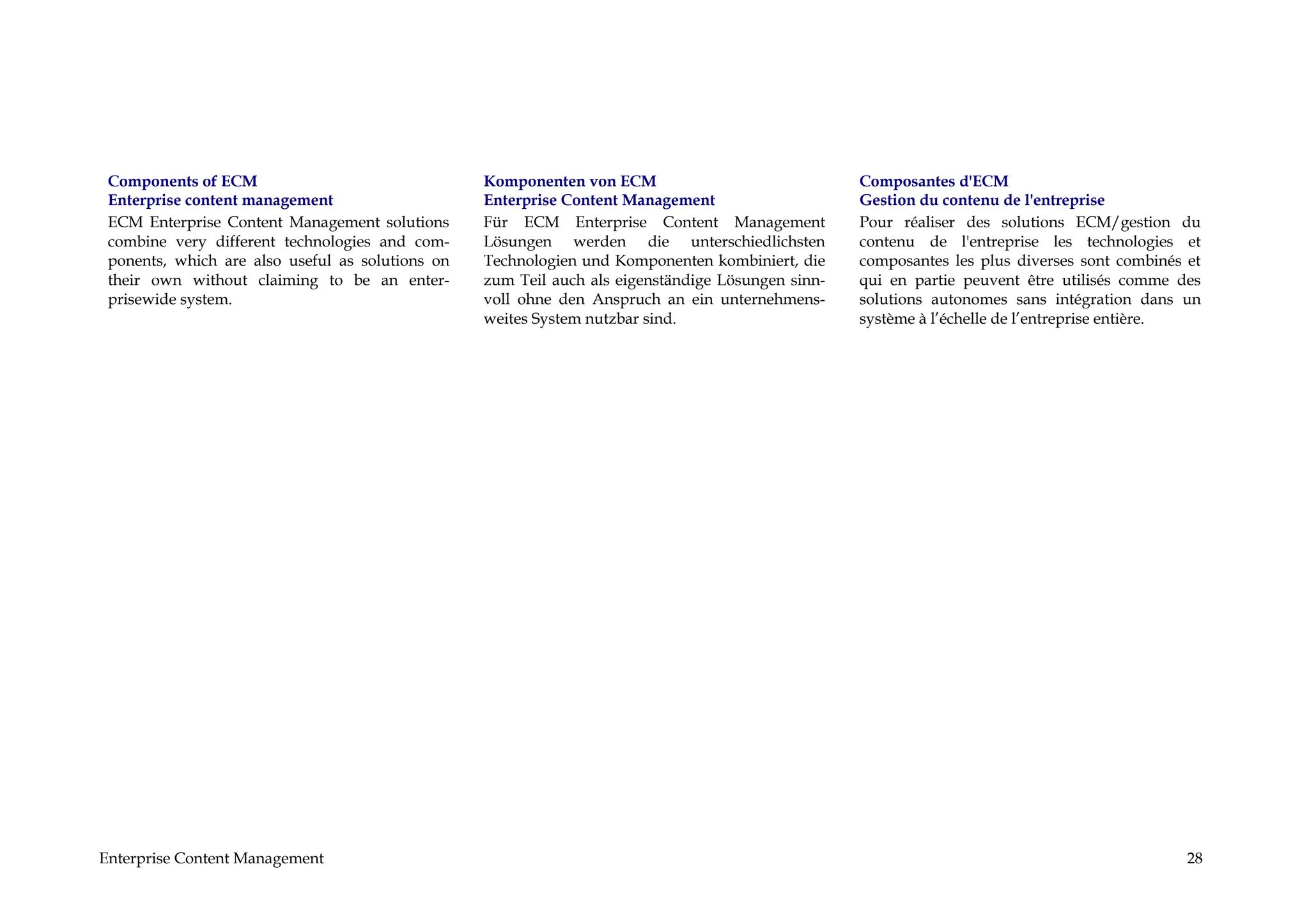 Components of ECM                                Komponenten von ECM                              Composantes d'ECM
 Enterprise content management                    Enterprise Content Management                    Gestion du contenu de l'entreprise
 ECM Enterprise Content Management solutions      Für ECM Enterprise Content Management            Pour réaliser des solutions ECM/gestion du
 combine very different technologies and com-     Lösungen werden die unterschiedlichsten          contenu de l'entreprise les technologies et
 ponents, which are also useful as solutions on   Technologien und Komponenten kombiniert, die     composantes les plus diverses sont combinés et
 their own without claiming to be an enter-       zum Teil auch als eigenständige Lösungen sinn-   qui en partie peuvent être utilisés comme des
 prisewide system.                                voll ohne den Anspruch an ein unternehmens-      solutions autonomes sans intégration dans un
                                                  weites System nutzbar sind.                      système à l’échelle de l’entreprise entière.




Enterprise Content Management                                                                                                                  28
 