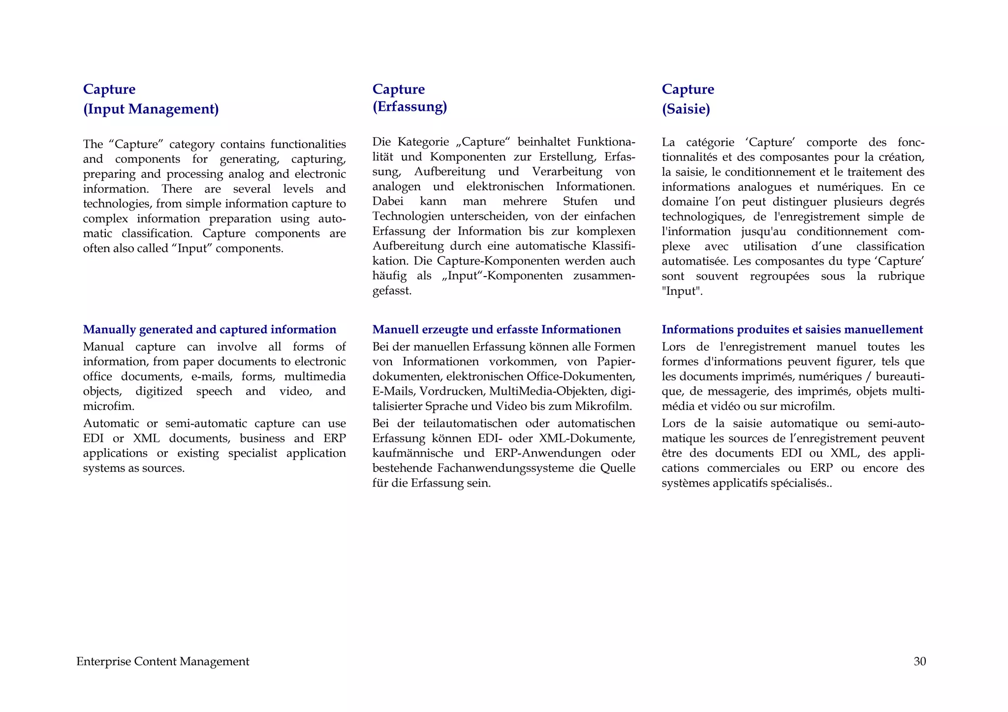 Capture                                            Capture                                            Capture
 (Input Management)                                 (Erfassung)                                        (Saisie)

 The “Capture” category contains functionalities    Die Kategorie „Capture“ beinhaltet Funktiona-      La catégorie ‘Capture’ comporte des fonc-
 and components for generating, capturing,          lität und Komponenten zur Erstellung, Erfas-       tionnalités et des composantes pour la création,
 preparing and processing analog and electronic     sung, Aufbereitung und Verarbeitung von            la saisie, le conditionnement et le traitement des
 information. There are several levels and          analogen und elektronischen Informationen.         informations analogues et numériques. En ce
 technologies, from simple information capture to   Dabei kann man mehrere Stufen und                  domaine l’on peut distinguer plusieurs degrés
 complex information preparation using auto-        Technologien unterscheiden, von der einfachen      technologiques, de l'enregistrement simple de
 matic classification. Capture components are       Erfassung der Information bis zur komplexen        l'information jusqu'au conditionnement com-
 often also called “Input” components.              Aufbereitung durch eine automatische Klassifi-     plexe avec utilisation d’une classification
                                                    kation. Die Capture-Komponenten werden auch        automatisée. Les composantes du type ‘Capture’
                                                    häufig als „Input“-Komponenten zusammen-           sont souvent regroupées sous la rubrique
                                                    gefasst.                                           "Input".


 Manually generated and captured information        Manuell erzeugte und erfasste Informationen        Informations produites et saisies manuellement
 Manual capture can involve all forms of            Bei der manuellen Erfassung können alle Formen     Lors de l'enregistrement manuel toutes les
 information, from paper documents to electronic    von Informationen vorkommen, von Papier-           formes d'informations peuvent figurer, tels que
 office documents, e-mails, forms, multimedia       dokumenten, elektronischen Office-Dokumenten,      les documents imprimés, numériques / bureauti-
 objects, digitized speech and video, and           E-Mails, Vordrucken, MultiMedia-Objekten, digi-    que, de messagerie, des imprimés, objets multi-
 microfim.                                          talisierter Sprache und Video bis zum Mikrofilm.   média et vidéo ou sur microfilm.
 Automatic or semi-automatic capture can use        Bei der teilautomatischen oder automatischen       Lors de la saisie automatique ou semi-auto-
 EDI or XML documents, business and ERP             Erfassung können EDI- oder XML-Dokumente,          matique les sources de l’enregistrement peuvent
 applications or existing specialist application    kaufmännische und ERP-Anwendungen oder             être des documents EDI ou XML, des appli-
 systems as sources.                                bestehende Fachanwendungssysteme die Quelle        cations commerciales ou ERP ou encore des
                                                    für die Erfassung sein.                            systèmes applicatifs spécialisés..




Enterprise Content Management                                                                                                                         30
 