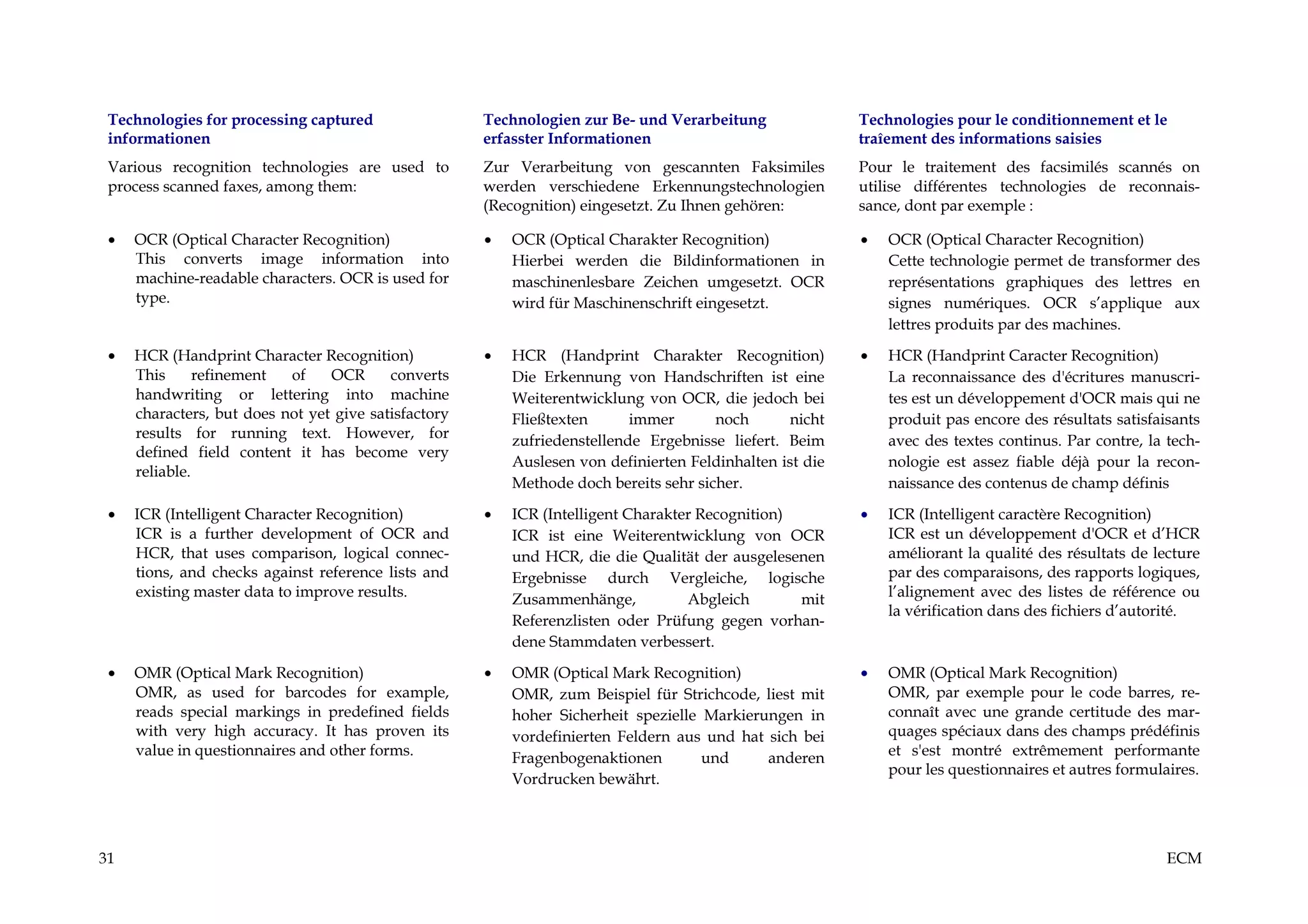 Technologies for processing captured                 Technologien zur Be- und Verarbeitung               Technologies pour le conditionnement et le
 informationen                                        erfasster Informationen                             traîement des informations saisies
 Various recognition technologies are used to         Zur Verarbeitung von gescannten Faksimiles          Pour le traitement des facsimilés scannés on
 process scanned faxes, among them:                   werden verschiedene Erkennungstechnologien          utilise différentes technologies de reconnais-
                                                      (Recognition) eingesetzt. Zu Ihnen gehören:         sance, dont par exemple :

 •   OCR (Optical Character Recognition)              •   OCR (Optical Charakter Recognition)             •   OCR (Optical Character Recognition)
     This converts image information into                 Hierbei werden die Bildinformationen in             Cette technologie permet de transformer des
     machine-readable characters. OCR is used for         maschinenlesbare Zeichen umgesetzt. OCR             représentations graphiques des lettres en
     type.                                                wird für Maschinenschrift eingesetzt.               signes numériques. OCR s’applique aux
                                                                                                              lettres produits par des machines.

 •   HCR (Handprint Character Recognition)            •   HCR (Handprint Charakter Recognition)           •   HCR (Handprint Caracter Recognition)
     This      refinement  of    OCR      converts        Die Erkennung von Handschriften ist eine            La reconnaissance des d'écritures manuscri-
     handwriting or lettering into machine                Weiterentwicklung von OCR, die jedoch bei           tes est un développement d'OCR mais qui ne
     characters, but does not yet give satisfactory       Fließtexten      immer       noch      nicht        produit pas encore des résultats satisfaisants
     results for running text. However, for               zufriedenstellende Ergebnisse liefert. Beim         avec des textes continus. Par contre, la tech-
     defined field content it has become very
                                                          Auslesen von definierten Feldinhalten ist die       nologie est assez fiable déjà pour la recon-
     reliable.
                                                          Methode doch bereits sehr sicher.                   naissance des contenus de champ définis

 •   ICR (Intelligent Character Recognition)          •   ICR (Intelligent Charakter Recognition)         •   ICR (Intelligent caractère Recognition)
     ICR is a further development of OCR and              ICR ist eine Weiterentwicklung von OCR              ICR est un développement d'OCR et d’HCR
     HCR, that uses comparison, logical connec-           und HCR, die die Qualität der ausgelesenen          améliorant la qualité des résultats de lecture
     tions, and checks against reference lists and        Ergebnisse durch Vergleiche, logische               par des comparaisons, des rapports logiques,
     existing master data to improve results.             Zusammenhänge,           Abgleich       mit         l’alignement avec des listes de référence ou
                                                                                                              la vérification dans des fichiers d’autorité.
                                                          Referenzlisten oder Prüfung gegen vorhan-
                                                          dene Stammdaten verbessert.

 •   OMR (Optical Mark Recognition)                   •   OMR (Optical Mark Recognition)                  •   OMR (Optical Mark Recognition)
     OMR, as used for barcodes for example,               OMR, zum Beispiel für Strichcode, liest mit         OMR, par exemple pour le code barres, re-
     reads special markings in predefined fields          hoher Sicherheit spezielle Markierungen in          connaît avec une grande certitude des mar-
     with very high accuracy. It has proven its           vordefinierten Feldern aus und hat sich bei         quages spéciaux dans des champs prédéfinis
     value in questionnaires and other forms.             Fragenbogenaktionen        und     anderen          et s'est montré extrêmement performante
                                                                                                              pour les questionnaires et autres formulaires.
                                                          Vordrucken bewährt.




31                                                                                                                                                     ECM
 