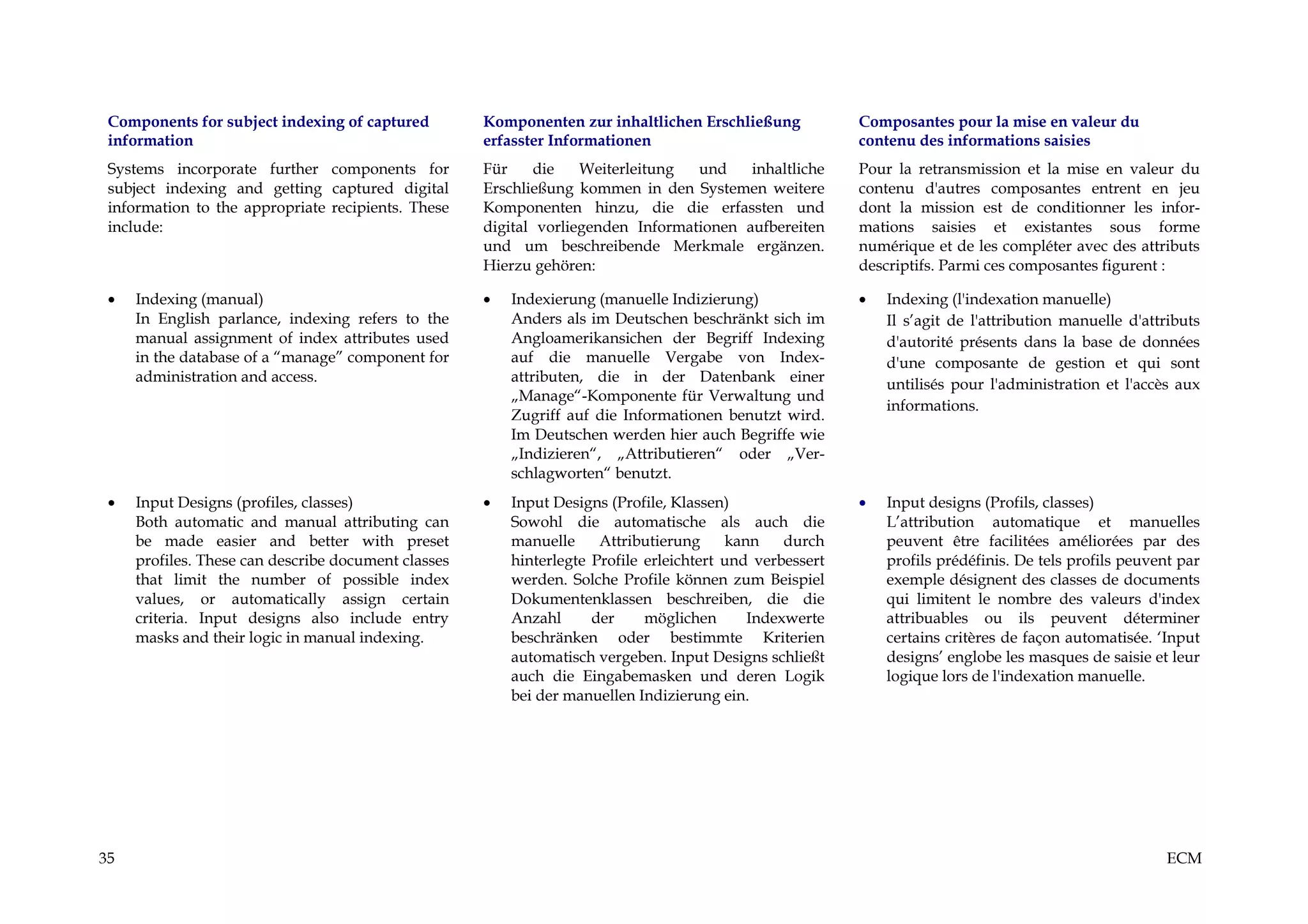 Components for subject indexing of captured         Komponenten zur inhaltlichen Erschließung            Composantes pour la mise en valeur du
 information                                         erfasster Informationen                              contenu des informations saisies
 Systems incorporate further components for          Für     die   Weiterleitung  und    inhaltliche      Pour la retransmission et la mise en valeur du
 subject indexing and getting captured digital       Erschließung kommen in den Systemen weitere          contenu d'autres composantes entrent en jeu
 information to the appropriate recipients. These    Komponenten hinzu, die die erfassten und             dont la mission est de conditionner les infor-
 include:                                            digital vorliegenden Informationen aufbereiten       mations saisies et existantes sous forme
                                                     und um beschreibende Merkmale ergänzen.              numérique et de les compléter avec des attributs
                                                     Hierzu gehören:                                      descriptifs. Parmi ces composantes figurent :

 •   Indexing (manual)                               •   Indexierung (manuelle Indizierung)               •   Indexing (l'indexation manuelle)
     In English parlance, indexing refers to the         Anders als im Deutschen beschränkt sich im           Il s’agit de l'attribution manuelle d'attributs
     manual assignment of index attributes used          Angloamerikansichen der Begriff Indexing             d'autorité présents dans la base de données
     in the database of a “manage” component for         auf die manuelle Vergabe von Index-                  d'une composante de gestion et qui sont
     administration and access.                          attributen, die in der Datenbank einer               untilisés pour l'administration et l'accès aux
                                                         „Manage“-Komponente für Verwaltung und
                                                                                                              informations.
                                                         Zugriff auf die Informationen benutzt wird.
                                                         Im Deutschen werden hier auch Begriffe wie
                                                         „Indizieren“, „Attributieren“ oder „Ver-
                                                         schlagworten“ benutzt.
 •   Input Designs (profiles, classes)               •   Input Designs (Profile, Klassen)                 •   Input designs (Profils, classes)
     Both automatic and manual attributing can           Sowohl die automatische als auch die                 L’attribution automatique et manuelles
     be made easier and better with preset               manuelle     Attributierung     kann    durch        peuvent être facilitées améliorées par des
     profiles. These can describe document classes       hinterlegte Profile erleichtert und verbessert       profils prédéfinis. De tels profils peuvent par
     that limit the number of possible index             werden. Solche Profile können zum Beispiel           exemple désignent des classes de documents
     values, or automatically assign certain             Dokumentenklassen beschreiben, die die               qui limitent le nombre des valeurs d'index
     criteria. Input designs also include entry          Anzahl      der     möglichen      Indexwerte        attribuables ou ils peuvent déterminer
     masks and their logic in manual indexing.           beschränken oder bestimmte Kriterien                 certains critères de façon automatisée. ‘Input
                                                         automatisch vergeben. Input Designs schließt         designs’ englobe les masques de saisie et leur
                                                         auch die Eingabemasken und deren Logik               logique lors de l'indexation manuelle.
                                                         bei der manuellen Indizierung ein.




35                                                                                                                                                      ECM
 