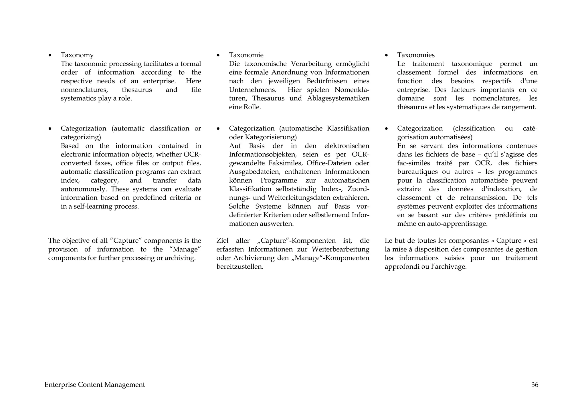 •   Taxonomy                                         •   Taxonomie                                         •   Taxonomies
     The taxonomic processing facilitates a formal        Die taxonomische Verarbeitung ermöglicht              Le traitement taxonomique permet un
     order of information according to the                eine formale Anordnung von Informationen              classement formel des informations en
     respective needs of an enterprise. Here              nach den jeweiligen Bedürfnissen eines                fonction des besoins respectifs d'une
     nomenclatures,      thesaurus     and     file       Unternehmens.    Hier spielen Nomenkla-               entreprise. Des facteurs importants en ce
     systematics play a role.                             turen, Thesaurus und Ablagesystematiken               domaine sont les nomenclatures, les
                                                          eine Rolle.                                           thésaurus et les systématiques de rangement.


 •   Categorization (automatic classification or      •   Categorization (automatische Klassifikation       •   Categorization (classification ou caté-
     categorizing)                                        oder Kategorisierung)                                 gorisation automatisées)
     Based on the information contained in                Auf Basis der in den elektronischen                   En se servant des informations contenues
     electronic information objects, whether OCR-         Informationsobjekten, seien es per OCR-               dans les fichiers de base – qu’il s’agisse des
     converted faxes, office files or output files,       gewandelte Faksimiles, Office-Dateien oder            fac-similés traité par OCR, des fichiers
     automatic classification programs can extract        Ausgabedateien, enthaltenen Informationen             bureautiques ou autres – les programmes
     index,      category,   and   transfer   data        können Programme zur automatischen                    pour la classification automatisée peuvent
     autonomously. These systems can evaluate             Klassifikation selbstständig Index-, Zuord-           extraire des données d'indexation, de
     information based on predefined criteria or          nungs- und Weiterleitungsdaten extrahieren.           classement et de retransmission. De tels
     in a self-learning process.                          Solche Systeme können auf Basis vor-                  systèmes peuvent exploiter des informations
                                                          definierter Kriterien oder selbstlernend Infor-       en se basant sur des critères prédéfinis ou
                                                          mationen auswerten.                                   même en auto-apprentissage.

 The objective of all “Capture” components is the     Ziel aller „Capture“-Komponenten ist, die             Le but de toutes les composantes « Capture » est
 provision of information to the “Manage”             erfassten Informationen zur Weiterbearbeitung         la mise à disposition des composantes de gestion
 components for further processing or archiving.      oder Archivierung den „Manage“-Komponenten            les informations saisies pour un traitement
                                                      bereitzustellen.                                      approfondi ou l’archivage.




Enterprise Content Management                                                                                                                              36
 