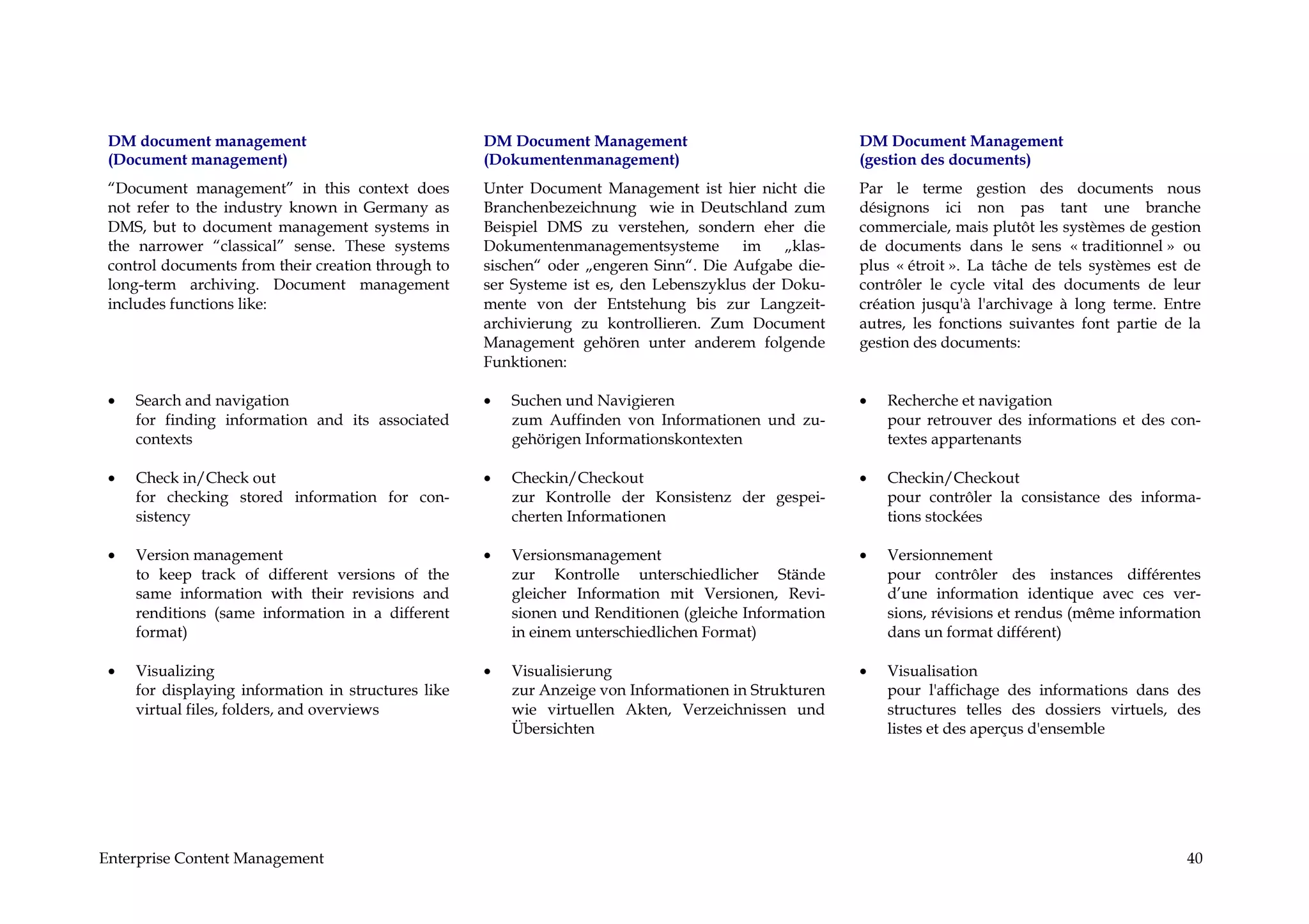 DM document management                              DM Document Management                            DM Document Management
 (Document management)                               (Dokumentenmanagement)                            (gestion des documents)
 “Document management” in this context does          Unter Document Management ist hier nicht die      Par le terme gestion des documents nous
 not refer to the industry known in Germany as       Branchenbezeichnung wie in Deutschland zum        désignons ici non pas tant une branche
 DMS, but to document management systems in          Beispiel DMS zu verstehen, sondern eher die       commerciale, mais plutôt les systèmes de gestion
 the narrower “classical” sense. These systems       Dokumentenmanagementsysteme        im    „klas-   de documents dans le sens « traditionnel » ou
 control documents from their creation through to    sischen“ oder „engeren Sinn“. Die Aufgabe die-    plus « étroit ». La tâche de tels systèmes est de
 long-term archiving. Document management            ser Systeme ist es, den Lebenszyklus der Doku-    contrôler le cycle vital des documents de leur
 includes functions like:                            mente von der Entstehung bis zur Langzeit-        création jusqu'à l'archivage à long terme. Entre
                                                     archivierung zu kontrollieren. Zum Document       autres, les fonctions suivantes font partie de la
                                                     Management gehören unter anderem folgende         gestion des documents:
                                                     Funktionen:

 •   Search and navigation                           •   Suchen und Navigieren                         •   Recherche et navigation
     for finding information and its associated          zum Auffinden von Informationen und zu-           pour retrouver des informations et des con-
     contexts                                            gehörigen Informationskontexten                   textes appartenants

 •   Check in/Check out                              •   Checkin/Checkout                              •   Checkin/Checkout
     for checking stored information for con-            zur Kontrolle der Konsistenz der gespei-          pour contrôler la consistance des informa-
     sistency                                            cherten Informationen                             tions stockées

 •   Version management                              •   Versionsmanagement                            •   Versionnement
     to keep track of different versions of the          zur Kontrolle unterschiedlicher Stände            pour contrôler des instances différentes
     same information with their revisions and           gleicher Information mit Versionen, Revi-         d’une information identique avec ces ver-
     renditions (same information in a different         sionen und Renditionen (gleiche Information       sions, révisions et rendus (même information
     format)                                             in einem unterschiedlichen Format)                dans un format différent)

 •   Visualizing                                     •   Visualisierung                                •   Visualisation
     for displaying information in structures like       zur Anzeige von Informationen in Strukturen       pour l'affichage des informations dans des
     virtual files, folders, and overviews               wie virtuellen Akten, Verzeichnissen und          structures telles des dossiers virtuels, des
                                                         Übersichten                                       listes et des aperçus d'ensemble




Enterprise Content Management                                                                                                                         40
 