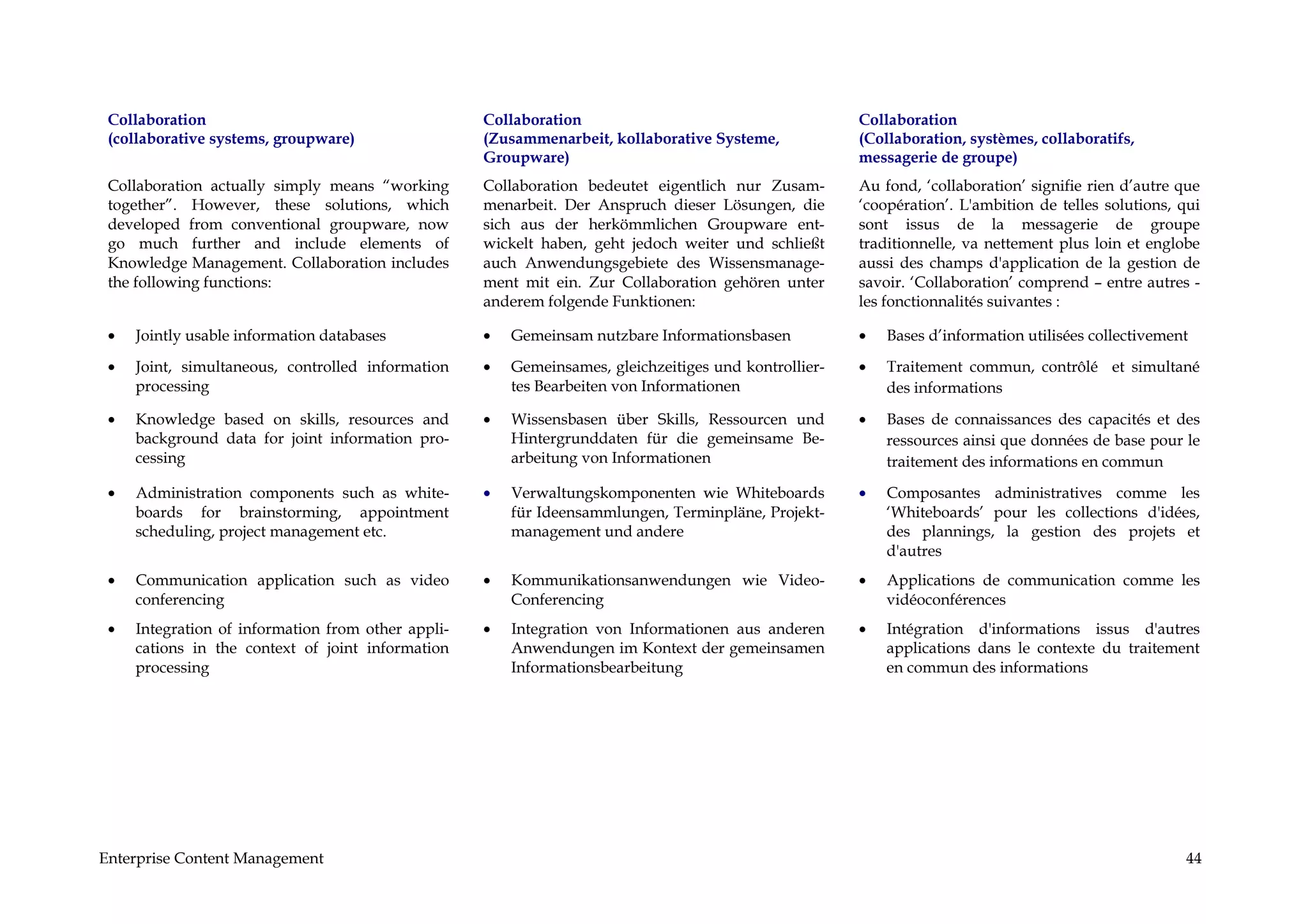 Collaboration                                      Collaboration                                      Collaboration
 (collaborative systems, groupware)                 (Zusammenarbeit, kollaborative Systeme,            (Collaboration, systèmes, collaboratifs,
                                                    Groupware)                                         messagerie de groupe)
 Collaboration actually simply means “working       Collaboration bedeutet eigentlich nur Zusam-       Au fond, ‘collaboration’ signifie rien d’autre que
 together”. However, these solutions, which         menarbeit. Der Anspruch dieser Lösungen, die       ‘coopération’. L'ambition de telles solutions, qui
 developed from conventional groupware, now         sich aus der herkömmlichen Groupware ent-          sont issus de la messagerie de groupe
 go much further and include elements of            wickelt haben, geht jedoch weiter und schließt     traditionnelle, va nettement plus loin et englobe
 Knowledge Management. Collaboration includes       auch Anwendungsgebiete des Wissensmanage-          aussi des champs d'application de la gestion de
 the following functions:                           ment mit ein. Zur Collaboration gehören unter      savoir. ‘Collaboration’ comprend – entre autres -
                                                    anderem folgende Funktionen:                       les fonctionnalités suivantes :

 •   Jointly usable information databases           •   Gemeinsam nutzbare Informationsbasen           •   Bases d’information utilisées collectivement

 •   Joint, simultaneous, controlled information    •   Gemeinsames, gleichzeitiges und kontrollier-   •   Traitement commun, contrôlé et simultané
     processing                                         tes Bearbeiten von Informationen                   des informations

 •   Knowledge based on skills, resources and       •   Wissensbasen über Skills, Ressourcen und       •   Bases de connaissances des capacités et des
     background data for joint information pro-         Hintergrunddaten für die gemeinsame Be-            ressources ainsi que données de base pour le
     cessing                                            arbeitung von Informationen                        traitement des informations en commun

 •   Administration components such as white-       •   Verwaltungskomponenten wie Whiteboards         •   Composantes administratives comme les
     boards for brainstorming, appointment              für Ideensammlungen, Terminpläne, Projekt-         ‘Whiteboards’ pour les collections d'idées,
     scheduling, project management etc.                management und andere                              des plannings, la gestion des projets et
                                                                                                           d'autres
 •   Communication application such as video        •   Kommunikationsanwendungen wie Video-           •   Applications de communication comme les
     conferencing                                       Conferencing                                       vidéoconférences
 •   Integration of information from other appli-   •   Integration von Informationen aus anderen      •   Intégration d'informations issus d'autres
     cations in the context of joint information        Anwendungen im Kontext der gemeinsamen             applications dans le contexte du traitement
     processing                                         Informationsbearbeitung                            en commun des informations




Enterprise Content Management                                                                                                                         44
 