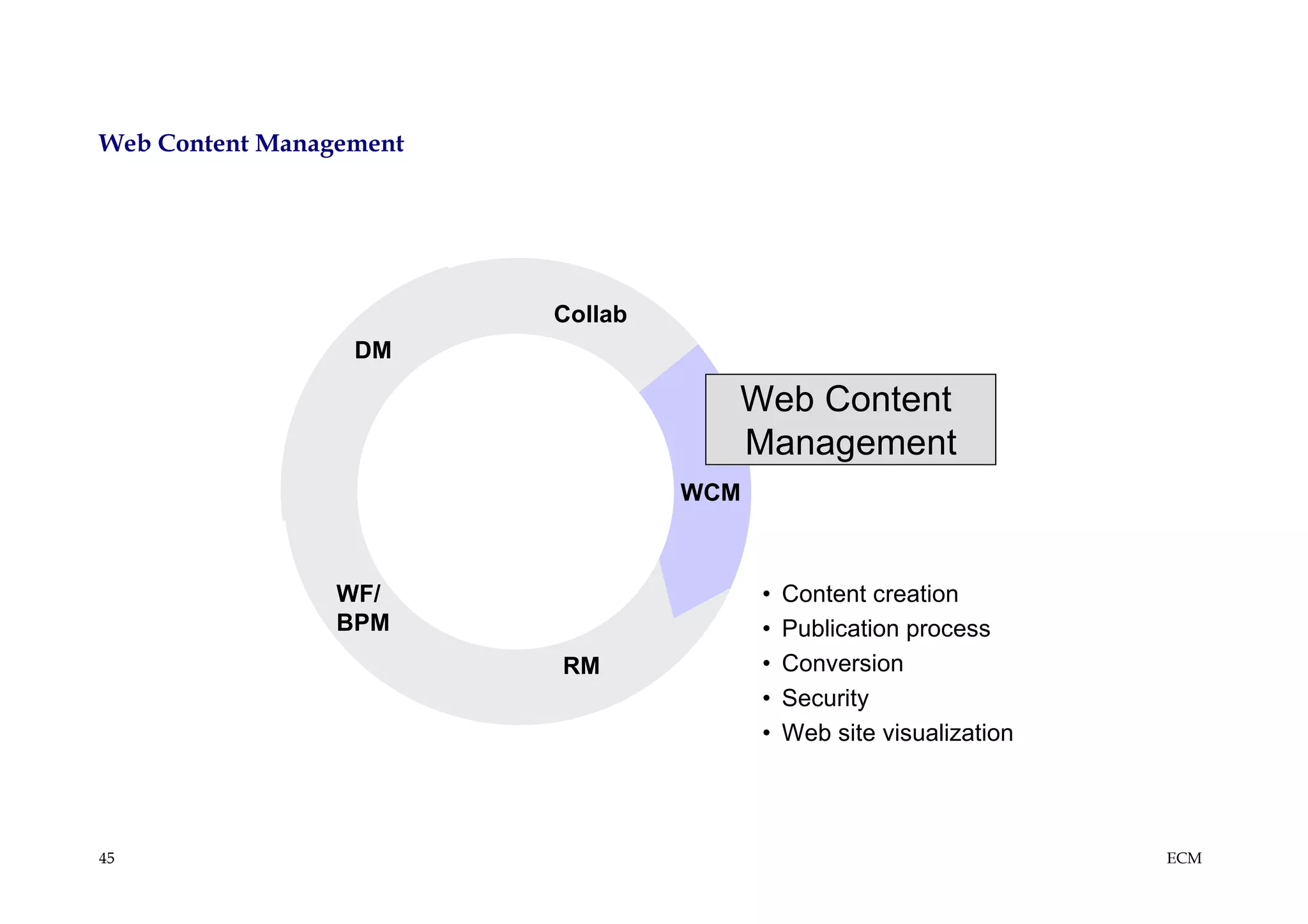 Web Content Management




                             Collab
                  DM

                                        Web Content
                                        Management
                         STORE        WCM



                 WF/                        •   Content creation
                 BPM                        •   Publication process
                             RM             •   Conversion
                                            •   Security
                                            •   Web site visualization




45                                                                       ECM
 