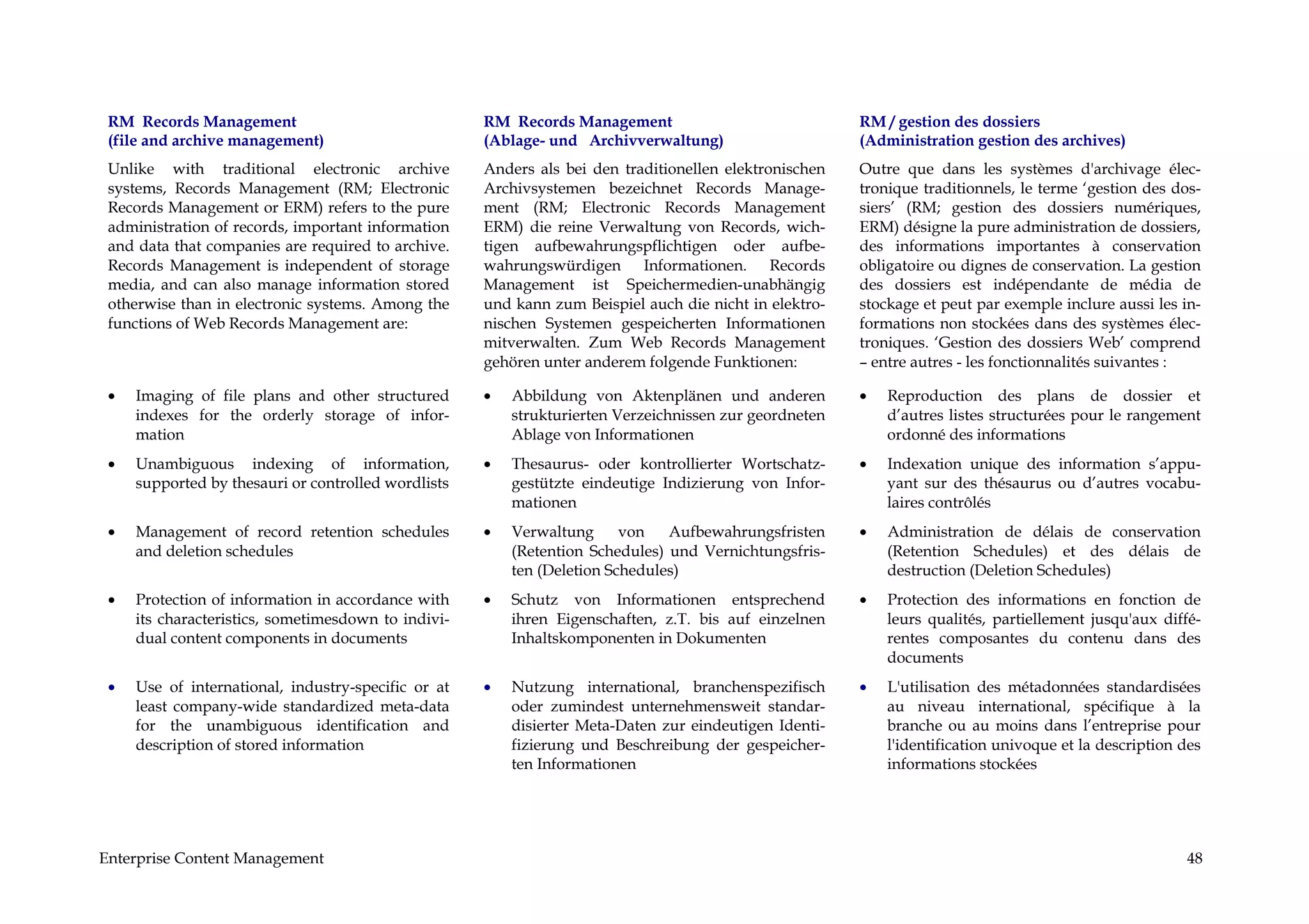 RM Records Management                               RM Records Management                              RM / gestion des dossiers
 (file and archive management)                       (Ablage- und Archivverwaltung)                     (Administration gestion des archives)
 Unlike with traditional electronic archive          Anders als bei den traditionellen elektronischen   Outre que dans les systèmes d'archivage élec-
 systems, Records Management (RM; Electronic         Archivsystemen bezeichnet Records Manage-          tronique traditionnels, le terme ‘gestion des dos-
 Records Management or ERM) refers to the pure       ment (RM; Electronic Records Management            siers’ (RM; gestion des dossiers numériques,
 administration of records, important information    ERM) die reine Verwaltung von Records, wich-       ERM) désigne la pure administration de dossiers,
 and data that companies are required to archive.    tigen aufbewahrungspflichtigen oder aufbe-         des informations importantes à conservation
 Records Management is independent of storage        wahrungswürdigen Informationen. Records            obligatoire ou dignes de conservation. La gestion
 media, and can also manage information stored       Management ist Speichermedien-unabhängig           des dossiers est indépendante de média de
 otherwise than in electronic systems. Among the     und kann zum Beispiel auch die nicht in elektro-   stockage et peut par exemple inclure aussi les in-
 functions of Web Records Management are:            nischen Systemen gespeicherten Informationen       formations non stockées dans des systèmes élec-
                                                     mitverwalten. Zum Web Records Management           troniques. ‘Gestion des dossiers Web’ comprend
                                                     gehören unter anderem folgende Funktionen:         – entre autres - les fonctionnalités suivantes :

 •   Imaging of file plans and other structured      •   Abbildung von Aktenplänen und anderen          •   Reproduction des plans de dossier et
     indexes for the orderly storage of infor-           strukturierten Verzeichnissen zur geordneten       d’autres listes structurées pour le rangement
     mation                                              Ablage von Informationen                           ordonné des informations
 •   Unambiguous indexing of information,            •   Thesaurus- oder kontrollierter Wortschatz-     •   Indexation unique des information s’appu-
     supported by thesauri or controlled wordlists       gestützte eindeutige Indizierung von Infor-        yant sur des thésaurus ou d’autres vocabu-
                                                         mationen                                           laires contrôlés
 •   Management of record retention schedules        •   Verwaltung      von   Aufbewahrungsfristen     •   Administration de délais de conservation
     and deletion schedules                              (Retention Schedules) und Vernichtungsfris-        (Retention Schedules) et des délais de
                                                         ten (Deletion Schedules)                           destruction (Deletion Schedules)
 •   Protection of information in accordance with    •   Schutz von Informationen entsprechend          •   Protection des informations en fonction de
     its characteristics, sometimesdown to indivi-       ihren Eigenschaften, z.T. bis auf einzelnen        leurs qualités, partiellement jusqu'aux diffé-
     dual content components in documents                Inhaltskomponenten in Dokumenten                   rentes composantes du contenu dans des
                                                                                                            documents
 •   Use of international, industry-specific or at   •   Nutzung international, branchenspezifisch      •   L'utilisation des métadonnées standardisées
     least company-wide standardized meta-data           oder zumindest unternehmensweit standar-           au niveau international, spécifique à la
     for the unambiguous identification and              disierter Meta-Daten zur eindeutigen Identi-       branche ou au moins dans l’entreprise pour
     description of stored information                   fizierung und Beschreibung der gespeicher-         l'identification univoque et la description des
                                                         ten Informationen                                  informations stockées




Enterprise Content Management                                                                                                                           48
 