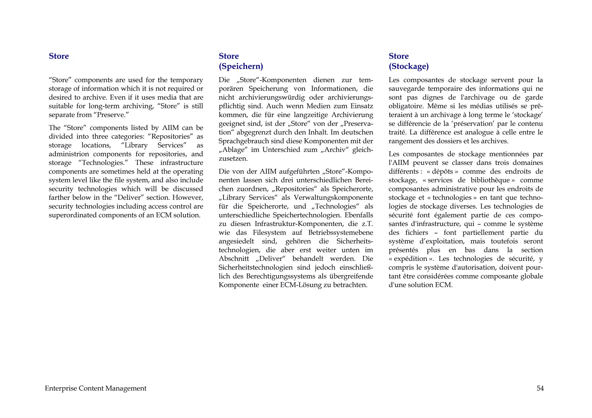 Store                                                 Store                                               Store
                                                       (Speichern)                                         (Stockage)
 “Store” components are used for the temporary         Die „Store“-Komponenten dienen zur tem-             Les composantes de stockage servent pour la
 storage of information which it is not required or    porären Speicherung von Informationen, die          sauvegarde temporaire des informations qui ne
 desired to archive. Even if it uses media that are    nicht archivierungswürdig oder archivierungs-       sont pas dignes de l'archivage ou de garde
 suitable for long-term archiving, “Store” is still    pflichtig sind. Auch wenn Medien zum Einsatz        obligatoire. Même si les médias utilisés se prê-
 separate from “Preserve.”                             kommen, die für eine langzeitige Archivierung       teraient à un archivage à long terme le ‘stockage’
                                                       geeignet sind, ist der „Store“ von der „Preserva-   se différencie de la ‘préservation’ par le contenu
 The “Store” components listed by AIIM can be
                                                       tion“ abgegrenzt durch den Inhalt. Im deutschen     traité. La différence est analogue à celle entre le
 divided into three categories: “Repositories” as
                                                       Sprachgebrauch sind diese Komponenten mit der       rangement des dossiers et les archives.
 storage locations, “Library Services” as
                                                       „Ablage“ im Unterschied zum „Archiv“ gleich-
 administrion components for repositories, and                                                             Les composantes de stockage mentionnées par
                                                       zusetzen.
 storage “Technologies.” These infrastructure                                                              l'AIIM peuvent se classer dans trois domaines
 components are sometimes held at the operating        Die von der AIIM aufgeführten „Store“-Kompo-        différents : « dépôts » comme des endroits de
 system level like the file system, and also include   nenten lassen sich drei unterschiedlichen Berei-    stockage, « services de bibliothèque » comme
 security technologies which will be discussed         chen zuordnen, „Repositories“ als Speicherorte,     composantes administrative pour les endroits de
 farther below in the “Deliver” section. However,      „Library Services“ als Verwaltungskomponente        stockage et « technologies » en tant que techno-
 security technologies including access control are    für die Speicherorte, und „Technologies“ als        logies de stockage diverses. Les technologies de
 superordinated components of an ECM solution.         unterschiedliche Speichertechnologien. Ebenfalls    sécurité font également partie de ces compo-
                                                       zu diesen Infrastruktur-Komponenten, die z.T.       santes d'infrastructure, qui – comme le système
                                                       wie das Filesystem auf Betriebssystemebene          des fichiers – font partiellement partie du
                                                       angesiedelt sind, gehören die Sicherheits-          système d’exploitation, mais toutefois seront
                                                       technologien, die aber erst weiter unten im         présentés plus en bas dans la section
                                                       Abschnitt „Deliver“ behandelt werden. Die           « expédition ». Les technologies de sécurité, y
                                                       Sicherheitstechnologien sind jedoch einschließ-     compris le système d'autorisation, doivent pour-
                                                       lich des Berechtigungssystems als übergreifende     tant être considérées comme composante globale
                                                       Komponente einer ECM-Lösung zu betrachten.          d'une solution ECM.




Enterprise Content Management                                                                                                                              54
 