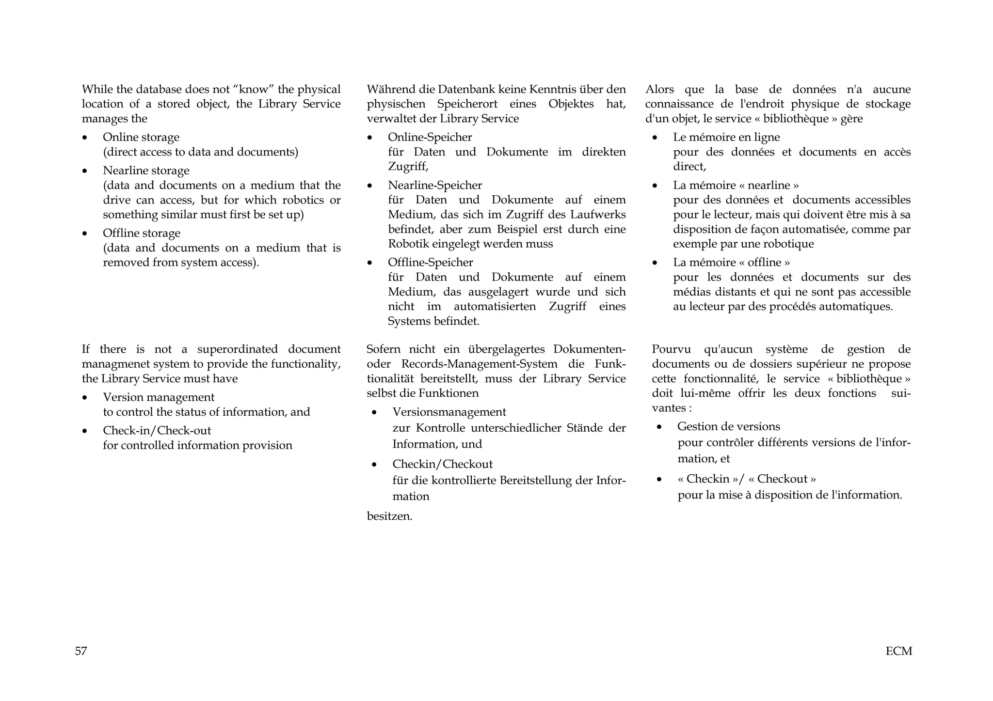 While the database does not “know” the physical    Während die Datenbank keine Kenntnis über den          Alors que la base de données n'a aucune
 location of a stored object, the Library Service   physischen Speicherort eines Objektes hat,             connaissance de l'endroit physique de stockage
 manages the                                        verwaltet der Library Service                          d'un objet, le service « bibliothèque » gère
 •   Online storage                                 •   Online-Speicher                                     •   Le mémoire en ligne
     (direct access to data and documents)              für Daten und Dokumente im direkten                     pour des données et documents en accès
 •   Nearline storage                                   Zugriff,                                                direct,
     (data and documents on a medium that the       •   Nearline-Speicher                                   •   La mémoire « nearline »
     drive can access, but for which robotics or        für Daten und Dokumente auf einem                       pour des données et documents accessibles
     something similar must first be set up)            Medium, das sich im Zugriff des Laufwerks               pour le lecteur, mais qui doivent être mis à sa
 •   Offline storage                                    befindet, aber zum Beispiel erst durch eine             disposition de façon automatisée, comme par
     (data and documents on a medium that is            Robotik eingelegt werden muss                           exemple par une robotique
     removed from system access).                   •   Offline-Speicher                                    •   La mémoire « offline »
                                                        für Daten und Dokumente auf einem                       pour les données et documents sur des
                                                        Medium, das ausgelagert wurde und sich                  médias distants et qui ne sont pas accessible
                                                        nicht im automatisierten Zugriff eines                  au lecteur par des procédés automatiques.
                                                        Systems befindet.

 If there is not a superordinated document          Sofern nicht ein übergelagertes Dokumenten-             Pourvu qu'aucun système de gestion de
 managmenet system to provide the functionality,    oder Records-Management-System die Funk-                documents ou de dossiers supérieur ne propose
 the Library Service must have                      tionalität bereitstellt, muss der Library Service       cette fonctionnalité, le service « bibliothèque »
 •   Version management                             selbst die Funktionen                                   doit lui-même offrir les deux fonctions sui-
     to control the status of information, and      •    Versionsmanagement                                 vantes :
 •   Check-in/Check-out                                  zur Kontrolle unterschiedlicher Stände der         •   Gestion de versions
     for controlled information provision                Information, und                                       pour contrôler différents versions de l'infor-
                                                    •    Checkin/Checkout                                       mation, et
                                                         für die kontrollierte Bereitstellung der Infor-    •   « Checkin »/ « Checkout »
                                                         mation                                                 pour la mise à disposition de l'information.
                                                    besitzen.




57                                                                                                                                                        ECM
 