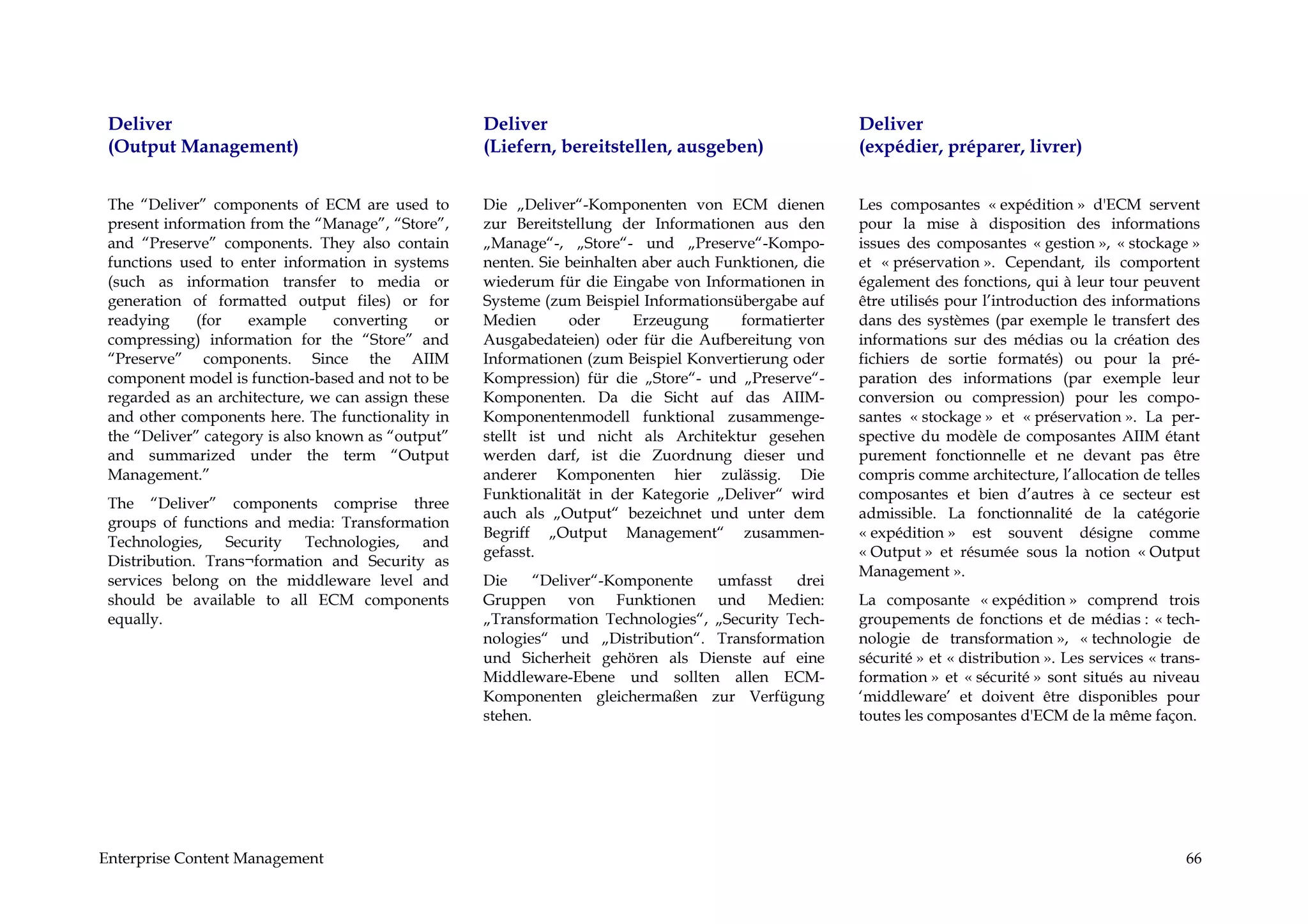 Deliver                                            Deliver                                            Deliver
 (Output Management)                                (Liefern, bereitstellen, ausgeben)                 (expédier, préparer, livrer)


 The “Deliver” components of ECM are used to        Die „Deliver“-Komponenten von ECM dienen           Les composantes « expédition » d'ECM servent
 present information from the “Manage”, “Store”,    zur Bereitstellung der Informationen aus den       pour la mise à disposition des informations
 and “Preserve” components. They also contain       „Manage“-, „Store“- und „Preserve“-Kompo-          issues des composantes « gestion », « stockage »
 functions used to enter information in systems     nenten. Sie beinhalten aber auch Funktionen, die   et « préservation ». Cependant, ils comportent
 (such as information transfer to media or          wiederum für die Eingabe von Informationen in      également des fonctions, qui à leur tour peuvent
 generation of formatted output files) or for       Systeme (zum Beispiel Informationsübergabe auf     être utilisés pour l’introduction des informations
 readying     (for   example      converting   or   Medien      oder      Erzeugung     formatierter   dans des systèmes (par exemple le transfert des
 compressing) information for the “Store” and       Ausgabedateien) oder für die Aufbereitung von      informations sur des médias ou la création des
 “Preserve” components. Since the AIIM              Informationen (zum Beispiel Konvertierung oder     fichiers de sortie formatés) ou pour la pré-
 component model is function-based and not to be    Kompression) für die „Store“- und „Preserve“-      paration des informations (par exemple leur
 regarded as an architecture, we can assign these   Komponenten. Da die Sicht auf das AIIM-            conversion ou compression) pour les compo-
 and other components here. The functionality in    Komponentenmodell funktional zusammenge-           santes « stockage » et « préservation ». La per-
 the “Deliver” category is also known as “output”   stellt ist und nicht als Architektur gesehen       spective du modèle de composantes AIIM étant
 and summarized under the term “Output              werden darf, ist die Zuordnung dieser und          purement fonctionnelle et ne devant pas être
 Management.”                                       anderer Komponenten hier zulässig. Die             compris comme architecture, l’allocation de telles
                                                    Funktionalität in der Kategorie „Deliver“ wird     composantes et bien d’autres à ce secteur est
 The “Deliver” components comprise three
                                                    auch als „Output“ bezeichnet und unter dem         admissible. La fonctionnalité de la catégorie
 groups of functions and media: Transformation
                                                    Begriff „Output Management“ zusammen-              « expédition » est souvent désigne comme
 Technologies, Security Technologies, and
                                                    gefasst.                                           « Output » et résumée sous la notion « Output
 Distribution. Trans¬formation and Security as
                                                                                                       Management ».
 services belong on the middleware level and        Die     “Deliver“-Komponente   umfasst    drei
 should be available to all ECM components          Gruppen von Funktionen und Medien:                 La composante « expédition » comprend trois
 equally.                                           „Transformation Technologies“, „Security Tech-     groupements de fonctions et de médias : « tech-
                                                    nologies“ und „Distribution“. Transformation       nologie de transformation », « technologie de
                                                    und Sicherheit gehören als Dienste auf eine        sécurité » et « distribution ». Les services « trans-
                                                    Middleware-Ebene und sollten allen ECM-            formation » et « sécurité » sont situés au niveau
                                                    Komponenten gleichermaßen zur Verfügung            ‘middleware’ et doivent être disponibles pour
                                                    stehen.                                            toutes les composantes d'ECM de la même façon.




Enterprise Content Management                                                                                                                            66
 