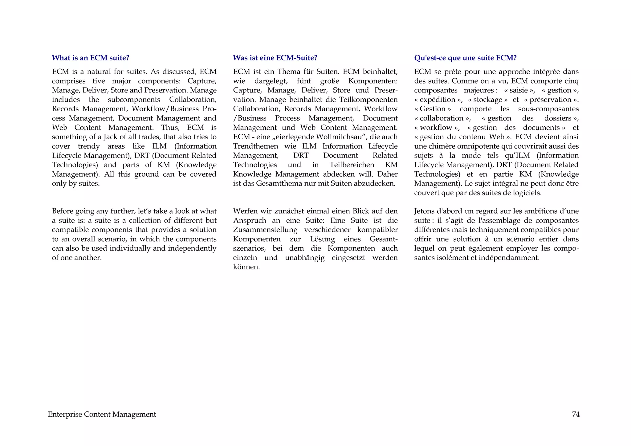 What is an ECM suite?                                   Was ist eine ECM-Suite?                           Qu'est-ce que une suite ECM?
 ECM is a natural for suites. As discussed, ECM          ECM ist ein Thema für Suiten. ECM beinhaltet,     ECM se prête pour une approche intégrée dans
 comprises five major components: Capture,               wie dargelegt, fünf große Komponenten:            des suites. Comme on a vu, ECM comporte cinq
 Manage, Deliver, Store and Preservation. Manage         Capture, Manage, Deliver, Store und Preser-       composantes majeures : « saisie », « gestion »,
 includes the subcomponents Collaboration,               vation. Manage beinhaltet die Teilkomponenten     « expédition », « stockage » et « préservation ».
 Records Management, Workflow/Business Pro-              Collaboration, Records Management, Workflow       « Gestion » comporte les sous-composantes
 cess Management, Document Management and                /Business Process Management, Document            « collaboration », « gestion des dossiers »,
 Web Content Management. Thus, ECM is                    Management und Web Content Management.            « workflow », « gestion des documents » et
 something of a Jack of all trades, that also tries to   ECM - eine „eierlegende Wollmilchsau“, die auch   « gestion du contenu Web ». ECM devient ainsi
 cover trendy areas like ILM (Information                Trendthemen wie ILM Information Lifecycle         une chimère omnipotente qui couvrirait aussi des
 Lifecycle Management), DRT (Document Related            Management,       DRT    Document       Related   sujets à la mode tels qu’ILM (Information
 Technologies) and parts of KM (Knowledge                Technologies und in Teilbereichen KM              Lifecycle Management), DRT (Document Related
 Management). All this ground can be covered             Knowledge Management abdecken will. Daher         Technologies) et en partie KM (Knowledge
 only by suites.                                         ist das Gesamtthema nur mit Suiten abzudecken.    Management). Le sujet intégral ne peut donc être
                                                                                                           couvert que par des suites de logiciels.

 Before going any further, let’s take a look at what     Werfen wir zunächst einmal einen Blick auf den    Jetons d'abord un regard sur les ambitions d’une
 a suite is: a suite is a collection of different but    Anspruch an eine Suite: Eine Suite ist die        suite : il s’agit de l'assemblage de composantes
 compatible components that provides a solution          Zusammenstellung verschiedener kompatibler        différentes mais techniquement compatibles pour
 to an overall scenario, in which the components         Komponenten zur Lösung eines Gesamt-              offrir une solution à un scénario entier dans
 can also be used individually and independently         szenarios, bei dem die Komponenten auch           lequel on peut également employer les compo-
 of one another.                                         einzeln und unabhängig eingesetzt werden          santes isolément et indépendamment.
                                                         können.




Enterprise Content Management                                                                                                                            74
 