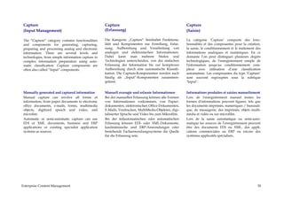 Capture                                            Capture                                            Capture
 (Input Management)                                 (Erfassung)                                        (Saisie)

 The “Capture” category contains functionalities    Die Kategorie „Capture“ beinhaltet Funktiona-      La catégorie ‘Capture’ comporte des fonc-
 and components for generating, capturing,          lität und Komponenten zur Erstellung, Erfas-       tionnalités et des composantes pour la création,
 preparing and processing analog and electronic     sung, Aufbereitung und Verarbeitung von            la saisie, le conditionnement et le traitement des
 information. There are several levels and          analogen und elektronischen Informationen.         informations analogues et numériques. En ce
 technologies, from simple information capture to   Dabei kann man mehrere Stufen und                  domaine l’on peut distinguer plusieurs degrés
 complex information preparation using auto-        Technologien unterscheiden, von der einfachen      technologiques, de l'enregistrement simple de
 matic classification. Capture components are       Erfassung der Information bis zur komplexen        l'information jusqu'au conditionnement com-
 often also called “Input” components.              Aufbereitung durch eine automatische Klassifi-     plexe avec utilisation d’une classification
                                                    kation. Die Capture-Komponenten werden auch        automatisée. Les composantes du type ‘Capture’
                                                    häufig als „Input“-Komponenten zusammen-           sont souvent regroupées sous la rubrique
                                                    gefasst.                                           "Input".


 Manually generated and captured information        Manuell erzeugte und erfasste Informationen        Informations produites et saisies manuellement
 Manual capture can involve all forms of            Bei der manuellen Erfassung können alle Formen     Lors de l'enregistrement manuel toutes les
 information, from paper documents to electronic    von Informationen vorkommen, von Papier-           formes d'informations peuvent figurer, tels que
 office documents, e-mails, forms, multimedia       dokumenten, elektronischen Office-Dokumenten,      les documents imprimés, numériques / bureauti-
 objects, digitized speech and video, and           E-Mails, Vordrucken, MultiMedia-Objekten, digi-    que, de messagerie, des imprimés, objets multi-
 microfim.                                          talisierter Sprache und Video bis zum Mikrofilm.   média et vidéo ou sur microfilm.
 Automatic or semi-automatic capture can use        Bei der teilautomatischen oder automatischen       Lors de la saisie automatique ou semi-auto-
 EDI or XML documents, business and ERP             Erfassung können EDI- oder XML-Dokumente,          matique les sources de l’enregistrement peuvent
 applications or existing specialist application    kaufmännische und ERP-Anwendungen oder             être des documents EDI ou XML, des appli-
 systems as sources.                                bestehende Fachanwendungssysteme die Quelle        cations commerciales ou ERP ou encore des
                                                    für die Erfassung sein.                            systèmes applicatifs spécialisés..




Enterprise Content Management                                                                                                                         30
 