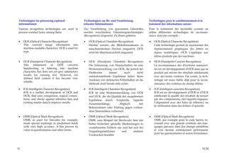 Technologies for processing captured                 Technologien zur Be- und Verarbeitung               Technologies pour le conditionnement et le
 informationen                                        erfasster Informationen                             traîement des informations saisies
 Various recognition technologies are used to         Zur Verarbeitung von gescannten Faksimiles          Pour le traitement des facsimilés scannés on
 process scanned faxes, among them:                   werden verschiedene Erkennungstechnologien          utilise différentes technologies de reconnais-
                                                      (Recognition) eingesetzt. Zu Ihnen gehören:         sance, dont par exemple :

 •   OCR (Optical Character Recognition)              •   OCR (Optical Charakter Recognition)             •   OCR (Optical Character Recognition)
     This converts image information into                 Hierbei werden die Bildinformationen in             Cette technologie permet de transformer des
     machine-readable characters. OCR is used for         maschinenlesbare Zeichen umgesetzt. OCR             représentations graphiques des lettres en
     type.                                                wird für Maschinenschrift eingesetzt.               signes numériques. OCR s’applique aux
                                                                                                              lettres produits par des machines.

 •   HCR (Handprint Character Recognition)            •   HCR (Handprint Charakter Recognition)           •   HCR (Handprint Caracter Recognition)
     This      refinement  of    OCR      converts        Die Erkennung von Handschriften ist eine            La reconnaissance des d'écritures manuscri-
     handwriting or lettering into machine                Weiterentwicklung von OCR, die jedoch bei           tes est un développement d'OCR mais qui ne
     characters, but does not yet give satisfactory       Fließtexten      immer       noch      nicht        produit pas encore des résultats satisfaisants
     results for running text. However, for               zufriedenstellende Ergebnisse liefert. Beim         avec des textes continus. Par contre, la tech-
     defined field content it has become very
                                                          Auslesen von definierten Feldinhalten ist die       nologie est assez fiable déjà pour la recon-
     reliable.
                                                          Methode doch bereits sehr sicher.                   naissance des contenus de champ définis

 •   ICR (Intelligent Character Recognition)          •   ICR (Intelligent Charakter Recognition)         •   ICR (Intelligent caractère Recognition)
     ICR is a further development of OCR and              ICR ist eine Weiterentwicklung von OCR              ICR est un développement d'OCR et d’HCR
     HCR, that uses comparison, logical connec-           und HCR, die die Qualität der ausgelesenen          améliorant la qualité des résultats de lecture
     tions, and checks against reference lists and        Ergebnisse durch Vergleiche, logische               par des comparaisons, des rapports logiques,
     existing master data to improve results.             Zusammenhänge,           Abgleich       mit         l’alignement avec des listes de référence ou
                                                                                                              la vérification dans des fichiers d’autorité.
                                                          Referenzlisten oder Prüfung gegen vorhan-
                                                          dene Stammdaten verbessert.

 •   OMR (Optical Mark Recognition)                   •   OMR (Optical Mark Recognition)                  •   OMR (Optical Mark Recognition)
     OMR, as used for barcodes for example,               OMR, zum Beispiel für Strichcode, liest mit         OMR, par exemple pour le code barres, re-
     reads special markings in predefined fields          hoher Sicherheit spezielle Markierungen in          connaît avec une grande certitude des mar-
     with very high accuracy. It has proven its           vordefinierten Feldern aus und hat sich bei         quages spéciaux dans des champs prédéfinis
     value in questionnaires and other forms.             Fragenbogenaktionen        und     anderen          et s'est montré extrêmement performante
                                                                                                              pour les questionnaires et autres formulaires.
                                                          Vordrucken bewährt.




31                                                                                                                                                     ECM
 